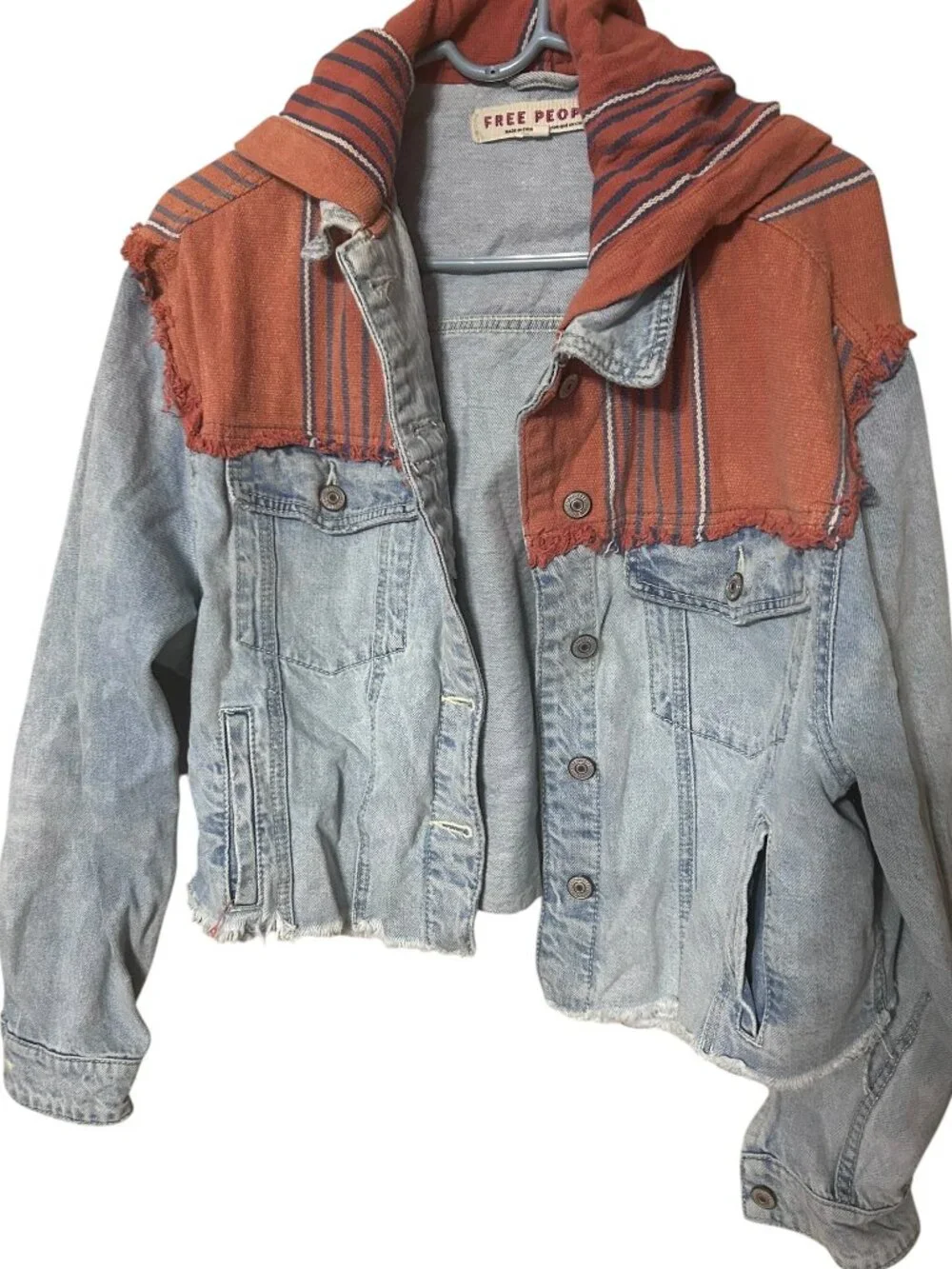 Free People Hooded Denim Jacket Rust Stripe Raw Hem Cropped XS
